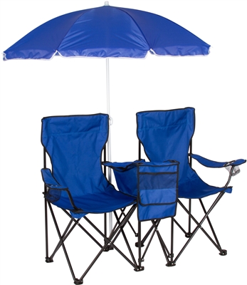 Double Folding Camp and Beach Chair with Removable Umbrella and Cooler by Trademark Innovations (Blue)