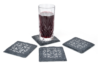 Slate Coaster Set of 4 - 4" x 4" Engraved with Contemporary Design- By Trademark Innovations