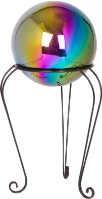 Stainless Steel Gazing Mirror Ball with 12" Tall Black Iron Decorative Stand - By Trademark Innovations (Rainbow, 8")