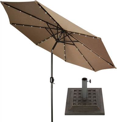 9' Deluxe Solar Powered LED Lighted Patio Umbrella with Bronze-Finish Square Base by Trademark Innovations (Tan)