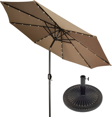 9' Deluxe Solar Powered LED Lighted Patio Umbrella with Bronze-Finish Starburst Base by Trademark Innovations (Tan)