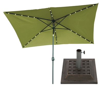 10' x 6.5' Rectangular Solar Powered LED Lighted Patio Umbrella with Square Bronze-Finish Base by Trademark Innovations (Light Green)