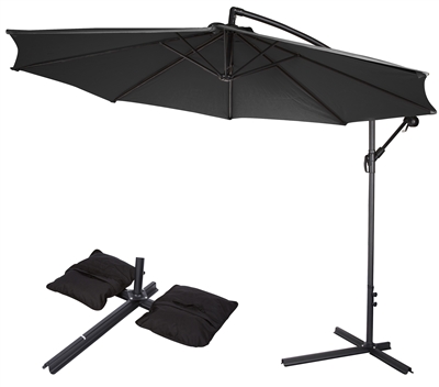 10' Deluxe Polyester Offset Patio Umbrella with Set of 2 Saddlebag Style Sand Weight Bags by Trademark Innovations (Black)