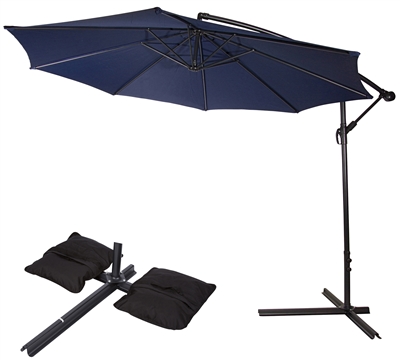10' Deluxe Polyester Offset Patio Umbrella with Set of 2 Saddlebag Style Sand Weight Bags by Trademark Innovations (Blue)