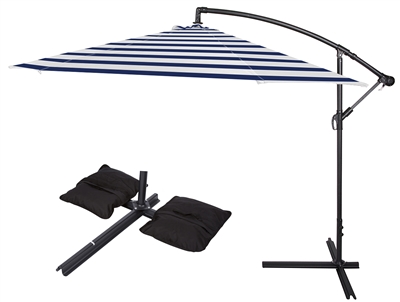 10' Deluxe Polyester Offset Patio Umbrella with Set of 2 Saddlebag Style Sand Weight Bags by Trademark Innovations (Blue Striped)