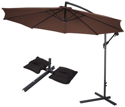 10' Deluxe Polyester Offset Patio Umbrella with Set of 2 Saddlebag Style Sand Weight Bags by Trademark Innovations (Dark Brown)