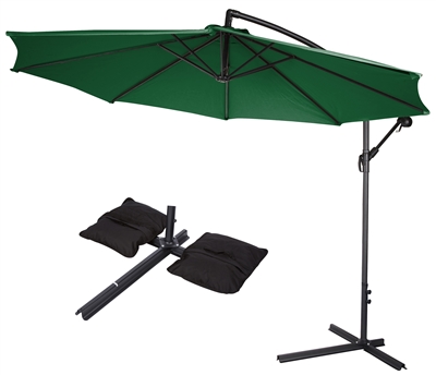 10' Deluxe Polyester Offset Patio Umbrella with Set of 2 Saddlebag Style Sand Weight Bags by Trademark Innovations (Dark Green)