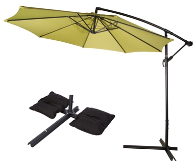10' Deluxe Polyester Offset Patio Umbrella with Set of 2 Saddlebag Style Sand Weight Bags by Trademark Innovations (Light Green)