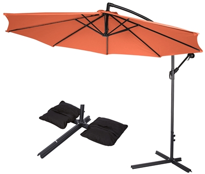 10' Deluxe Polyester Offset Patio Umbrella with Set of 2 Saddlebag Style Sand Weight Bags by Trademark Innovations (Orange)