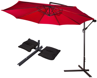 10' Deluxe Polyester Offset Patio Umbrella with Set of 2 Saddlebag Style Sand Weight Bags by Trademark Innovations (Red)