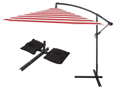 10' Deluxe Polyester Offset Patio Umbrella with Set of 2 Saddlebag Style Sand Weight Bags by Trademark Innovations (Red Striped)