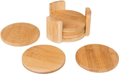 All Natural Round Bamboo Coaster - Set of 6 in Holder - by Trademark Innovations