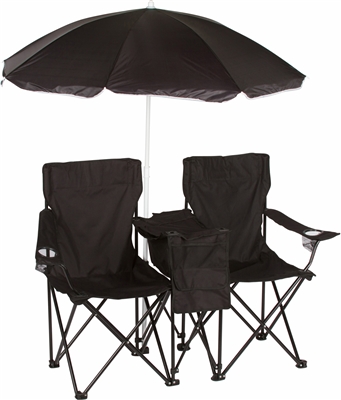 Double Folding Camp and Beach Chair with Removable Umbrella and Cooler by Trademark Innovations (Black)
